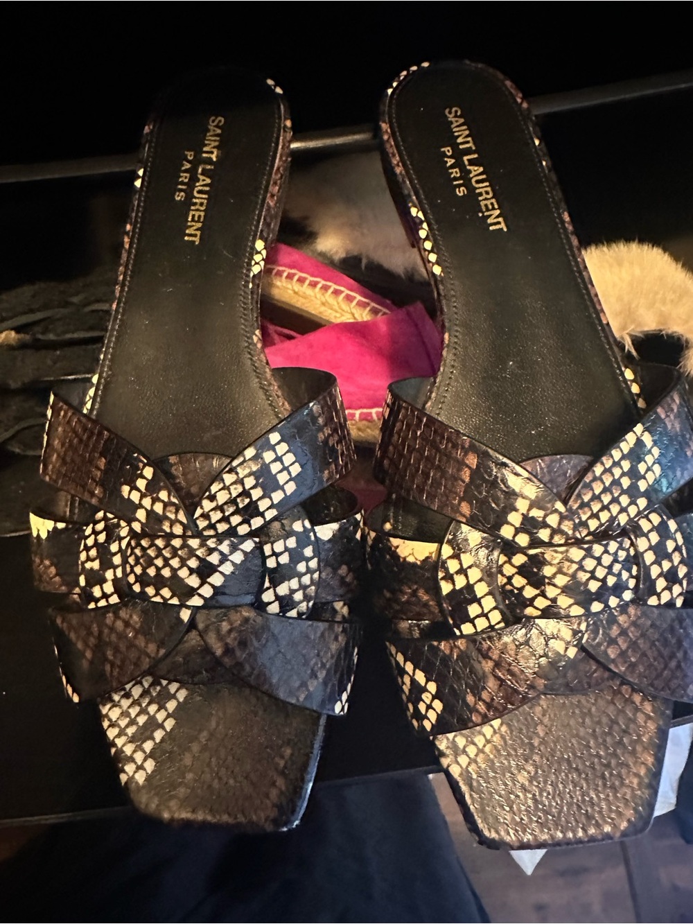 Saint Laurent Braided Snakeskin Slide Sandals in Brown and Beige